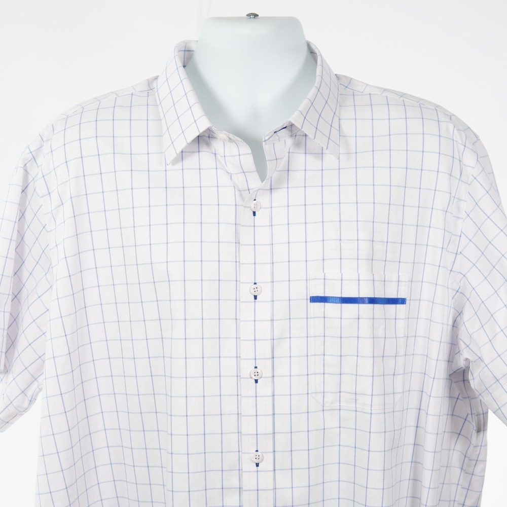 Brooks Brothers United Mens 18 White Blue Windowpane Short Sleeve Dress Shirt